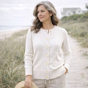 Pendleton Button Up Knit Cardigan Sweater Cream Sz M 100% Cotton Coastal Grandma